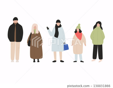People dressed in outerwear isolated on white background. Flat cartoon characters wearing winter clothing. People dressed in outerwear isolated on white background. Flat cartoon characters wearing winter clothing. 138831866
