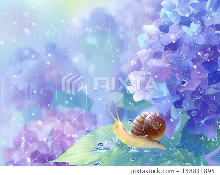 一隻蝸牛棲息在繡球花葉子上：一幅充滿奇幻色彩的水彩風格插畫背景，適合雨季使用。 138831895