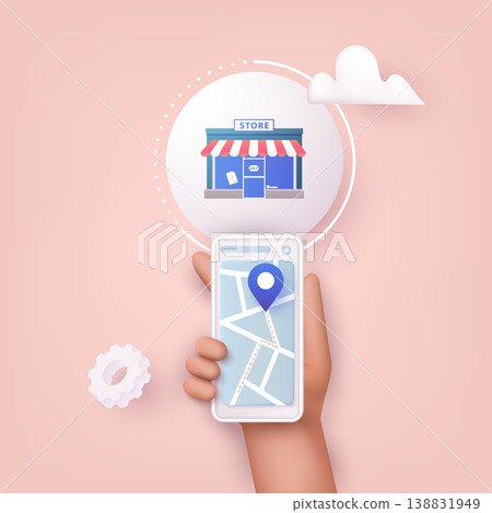 3D Web Vector Illustrations. Hand holding mobile smart phone with application search store. Find closest on city map. 3D Web Vector Illustrations. Hand holding mobile smart phone with application search store. Find closest on city map. 138831949