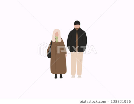 Couple in warm clothes flat vector illustrations. Winter season outdoor date. Couple in warm clothes flat vector illustrations. Winter season outdoor date. 138831956