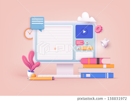 3D Web Vector Illustrations. Online concept. Computer with open pages. 138831972
