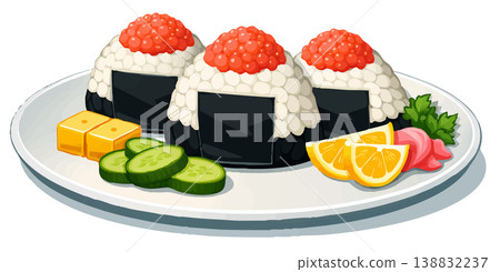Vector illustration of a Japanese onigiri rice ball topped with bright red salmon roe (ikura) and wrapped in nori seaweed Vector illustration of a Japanese onigiri rice ball topped with bright red salmon roe (ikura) and wrapped in nori seaweed 138832237