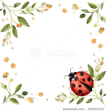 瓢蟲和小花自然邊框，可愛的水彩風格植物背景 138832328