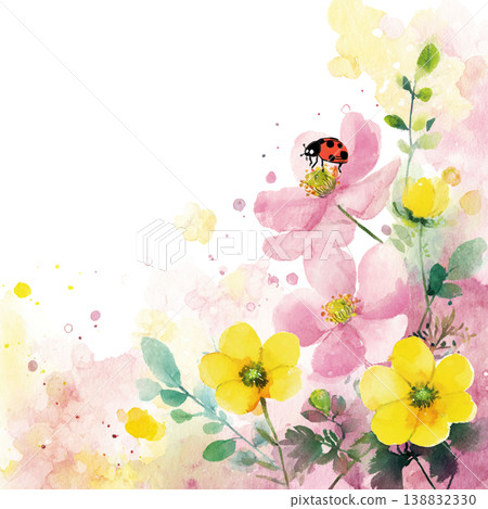充滿活力的植物背景，以花朵上的瓢蟲和水彩花朵為特色，並留有文字空間。 138832330