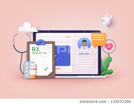 Therapist on chat in messenger and an online consultation. Online medical advise or consultation service. 3D Web Vector Illustrations. Therapist on chat in messenger and an online consultation. Online medical advise or consultation service. 3D Web Vector Illustrations. 138832366