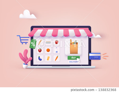 Online Grocery Store shopping concept. Order and Delivery in Online Supermarket. 3D Web Vector Illustrations. 138832368
