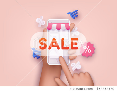 Hand holding smartphone with sale sign. Online shopping concept. 3D Web Vector Illustrations. Hand holding smartphone with sale sign. Online shopping concept. 3D Web Vector Illustrations. 138832370