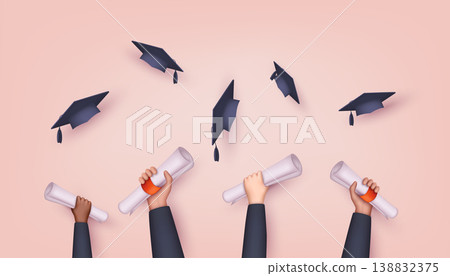 Graduating students of pupil hands in gown throwing graduation caps. Hands holding diploma graduation.  3D Web Vector Illustrations. 138832375