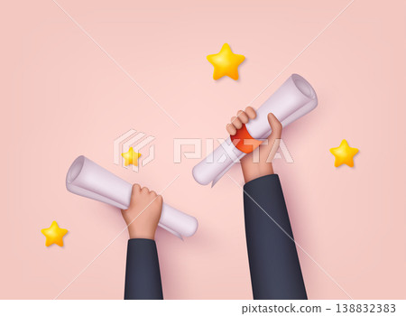 Hands holding diploma graduations. Receiving college or university diploma remotely. 3D Web Vector Illustrations. Hands holding diploma graduations. Receiving college or university diploma remotely. 3D Web Vector Illustrations. 138832383