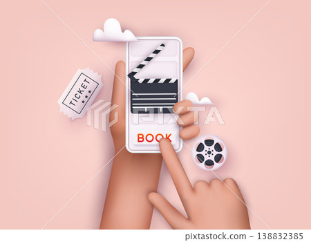 Concepts of online cinema ticket booking. Hand holding mobile smart phone with online book app. 3D Web Vector Illustrations. 138832385