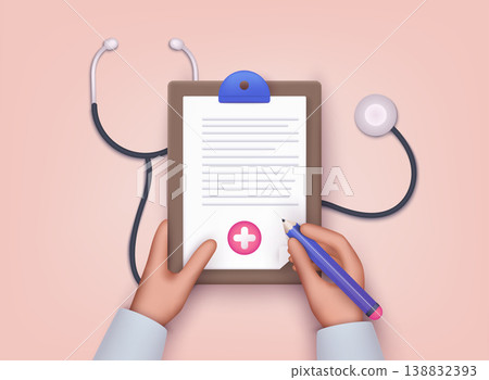Hand holding clipboard with checklist and pen for medical report, presentation, web page banner. 3D Web Vector Illustrations. Hand holding clipboard with checklist and pen for medical report, presentation, web page banner. 3D Web Vector Illustrations. 138832393