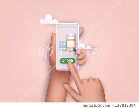 Person buying the pills online with the smartphone. Ordering medicines online concept. 3D Web Vector Illustrations. Person buying the pills online with the smartphone. Ordering medicines online concept. 3D Web Vector Illustrations. 138832394