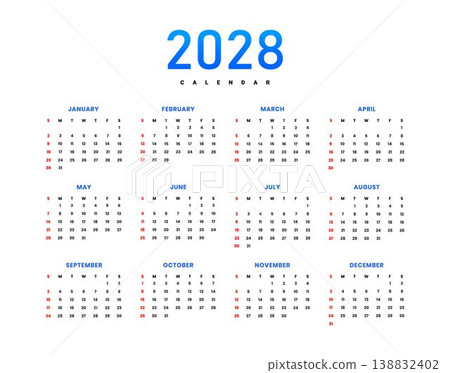 Yearly 2028 Calendar Template 138832402