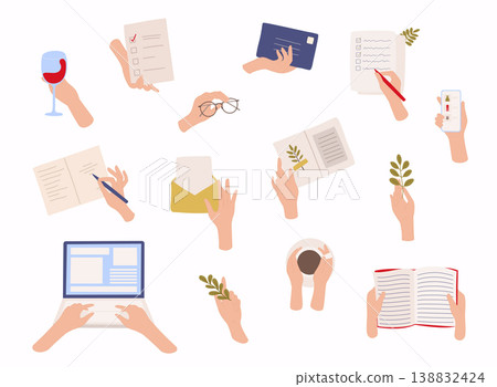Set of hands in differends poses. Reed book, work, online schopping, drink coffee, wine. Colorful vector illustration in flat style. Set of hands in differends poses. Reed book, work, online schopping, drink coffee, wine. Colorful vector illustration in flat style. 138832424