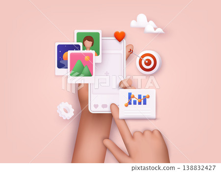 Hands holding smartphone with online platform. Influencer marketing, social media or network promotion, SMM banner, landing page, flyer. 3D Web Vector Illustrations. Hands holding smartphone with online platform. Influencer marketing, social media or network promotion, SMM banner, landing page, flyer. 3D Web Vector Illustrations. 138832427