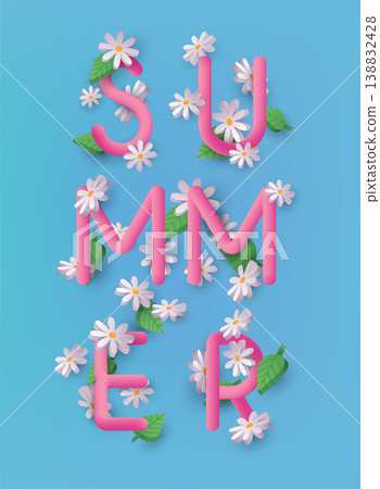 Summer 3d text vector banner design with Daisy Flowers on a background. 3D Web Vector Illustrations. Summer 3d text vector banner design with Daisy Flowers on a background. 3D Web Vector Illustrations. 138832428