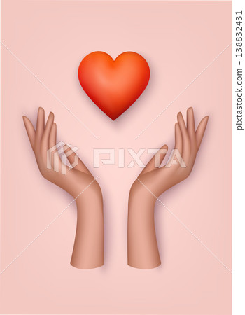 Hands holding red heart. Illustration template for charity, help, supporting, work of volunteers. 3D Web Vector Illustrations. Hands holding red heart. Illustration template for charity, help, supporting, work of volunteers. 3D Web Vector Illustrations. 138832431