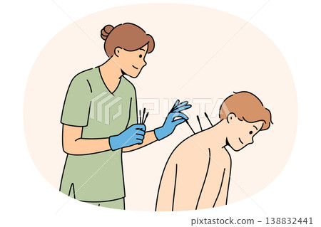 Acupuncture procedure from eastern alternative medicine for man sitting near woman doctor Acupuncture procedure from eastern alternative medicine for man sitting near woman doctor 138832441