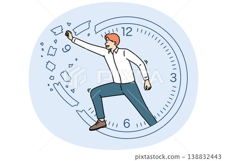 Business man is engaged in time management, breaking clock to increase productivity Business man is engaged in time management, breaking clock to increase productivity 138832443