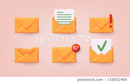 3d set of envelopes with different signs. Office document or message. 3D Web Vector Illustrations. 3d set of envelopes with different signs. Office document or message. 3D Web Vector Illustrations. 138832469