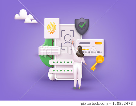 Security system in smartphone. Mobile phone with passcode screen and face recognition app icon. 3D Web Vector Illustrations. Security system in smartphone. Mobile phone with passcode screen and face recognition app icon. 3D Web Vector Illustrations. 138832478