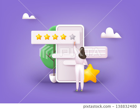 Characters Giving Five Star Feedback. Vector customer review concepts. Reviews stars with good and bad rate and text. 3D Web Vector Illustrations. Characters Giving Five Star Feedback. Vector customer review concepts. Reviews stars with good and bad rate and text. 3D Web Vector Illustrations. 138832480