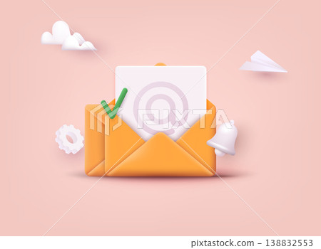Subscribe to newsletter. Vector illustration for online marketing and business. Open envelope with letter on phone. Sign up to mailing list. 3D Web Vector Illustrations. 138832553