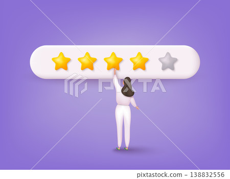 People Characters Giving Five Star Feedback. Vector customer review concepts. Reviews stars with good and bad rate and text. 3D Web Vector Illustrations. People Characters Giving Five Star Feedback. Vector customer review concepts. Reviews stars with good and bad rate and text. 3D Web Vector Illustrations. 138832556