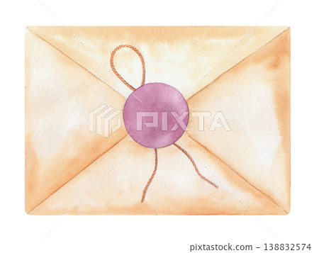 Envelope with the pink sticker and rope. Handmade watercolor illustration. For packaging design, cards, cover, prints, product labels and fabric. Envelope with the pink sticker and rope. Handmade watercolor illustration. For packaging design, cards, cover, prints, product labels and fabric. 138832574