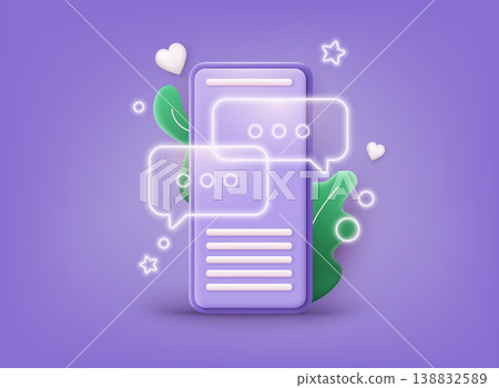 Smartphone sms speech bubbles push alerts on screen, digital or electronic chatting on cellphone. 3D Web Vector Illustrations. Smartphone sms speech bubbles push alerts on screen, digital or electronic chatting on cellphone. 3D Web Vector Illustrations. 138832589