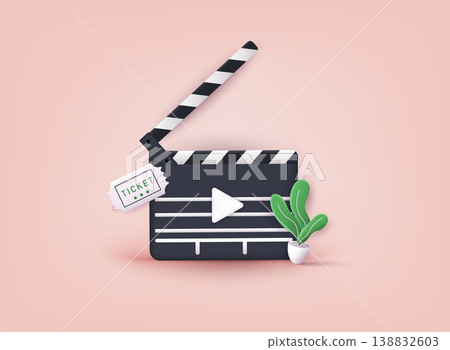Clapperboard icon, filmmaking device, video movie clapper equipment. 3D Web Vector Illustrations. 138832603
