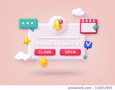 Reminder design mockup. Notifications. Email marketing, online advertising concept. 3D Web Vector Illustrations. Reminder design mockup. Notifications. Email marketing, online advertising concept. 3D Web Vector Illustrations. 138832605