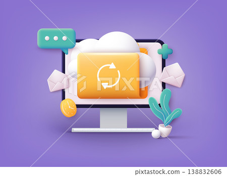Cloud storage icon. Digital file organization service or app with data transfering. 3D Web Vector Illustrations. 138832606