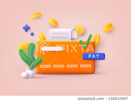 Credit card Icon. Payment of utility, bank, restaurant and other bill. 3D Web Vector Illustrations. Credit card Icon. Payment of utility, bank, restaurant and other bill. 3D Web Vector Illustrations. 138832607