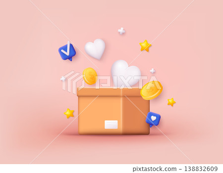 Donation Box with golden coin, money. Donation and charity concept. 3D Web Vector Illustrations. Donation Box with golden coin, money. Donation and charity concept. 3D Web Vector Illustrations. 138832609