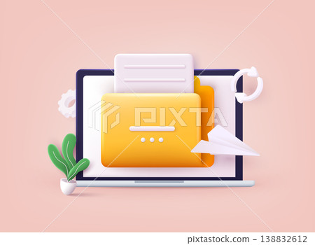 Yellow folder with files. File transfer concept. Yellow folder with document on computer monitor. 3D Vector Illustrations. Yellow folder with files. File transfer concept. Yellow folder with document on computer monitor. 3D Vector Illustrations. 138832612