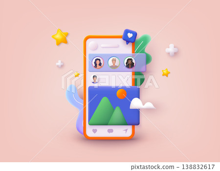 Social media app, online social communication applications concept. 3D Web Vector Illustrations. Social media app, online social communication applications concept. 3D Web Vector Illustrations. 138832617