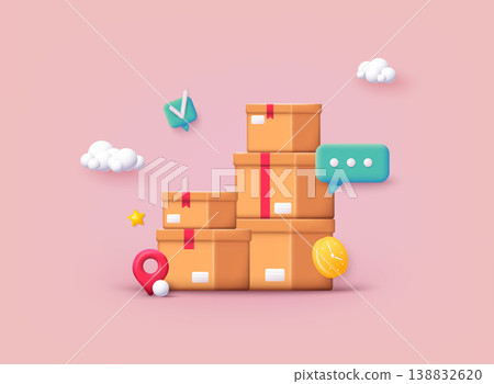 Pile of stacked sealed goods cardboard boxes. Carton delivery packaging with fragile signs. 3D Vector Illustrations. Pile of stacked sealed goods cardboard boxes. Carton delivery packaging with fragile signs. 3D Vector Illustrations. 138832620