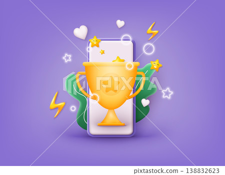 Winner cup on smartphone screen. Promotion discount present point, customer promo surprise. 3D Web Vector Illustrations. Winner cup on smartphone screen. Promotion discount present point, customer promo surprise. 3D Web Vector Illustrations. 138832623