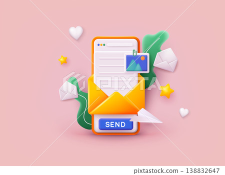 Running email campaign, email advertising, direct digital marketing. 3D Vector Illustrations. Running email campaign, email advertising, direct digital marketing. 3D Vector Illustrations. 138832647