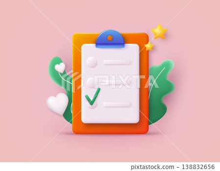 Checklist on a clipboard paper. Successful completion of business tasks. 3D Web Vector Illustrations. 138832656