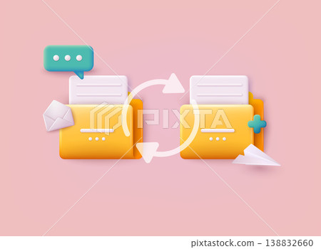 Yellow folder with files. File transfer concept. Yellow folder with document on computer monitor. 3D Vector Illustrations. 138832660