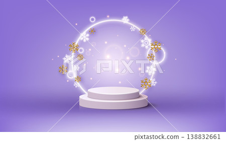 Rendering with podium and minimal stage scene, product abstract background with snowflakes and white neon decorations. 3D Web Vector Illustrations. Rendering with podium and minimal stage scene, product abstract background with snowflakes and white neon decorations. 3D Web Vector Illustrations. 138832661