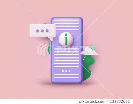 Smartphone sms speech bubbles push alerts on screen, digital or electronic chatting on cellphone. 3D Web Vector Illustrations. Smartphone sms speech bubbles push alerts on screen, digital or electronic chatting on cellphone. 3D Web Vector Illustrations. 138832662