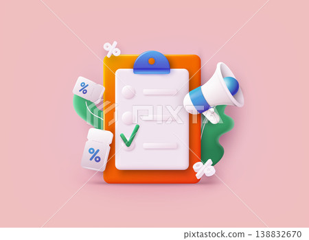 Checklist on a clipboard paper. Promotion and discount Related symbols. 3D Web Vector Illustrations. 138832670