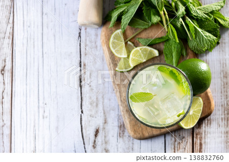 Fresh mojito cocktail with lime, mint and ice in glass on wooden table. Top view. Copy space Fresh mojito cocktail with lime, mint and ice in glass on wooden table. Top view. Copy space 138832760