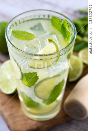 Fresh mojito cocktail with lime, mint and ice in glass on wooden table. Copy space Fresh mojito cocktail with lime, mint and ice in glass on wooden table. Copy space 138832761
