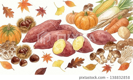 Horizontal wallpaper illustration of persimmons and an autumn sky: Autumn Harvest 138832858