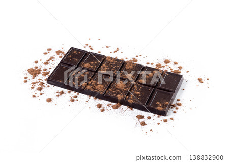 Milk chocolate bar with cocoa powder isolated on white background Milk chocolate bar with cocoa powder isolated on white background 138832900