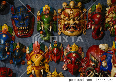 Traditional Tibetan handmade masks, used in ritual dances or as decorations. 138832968